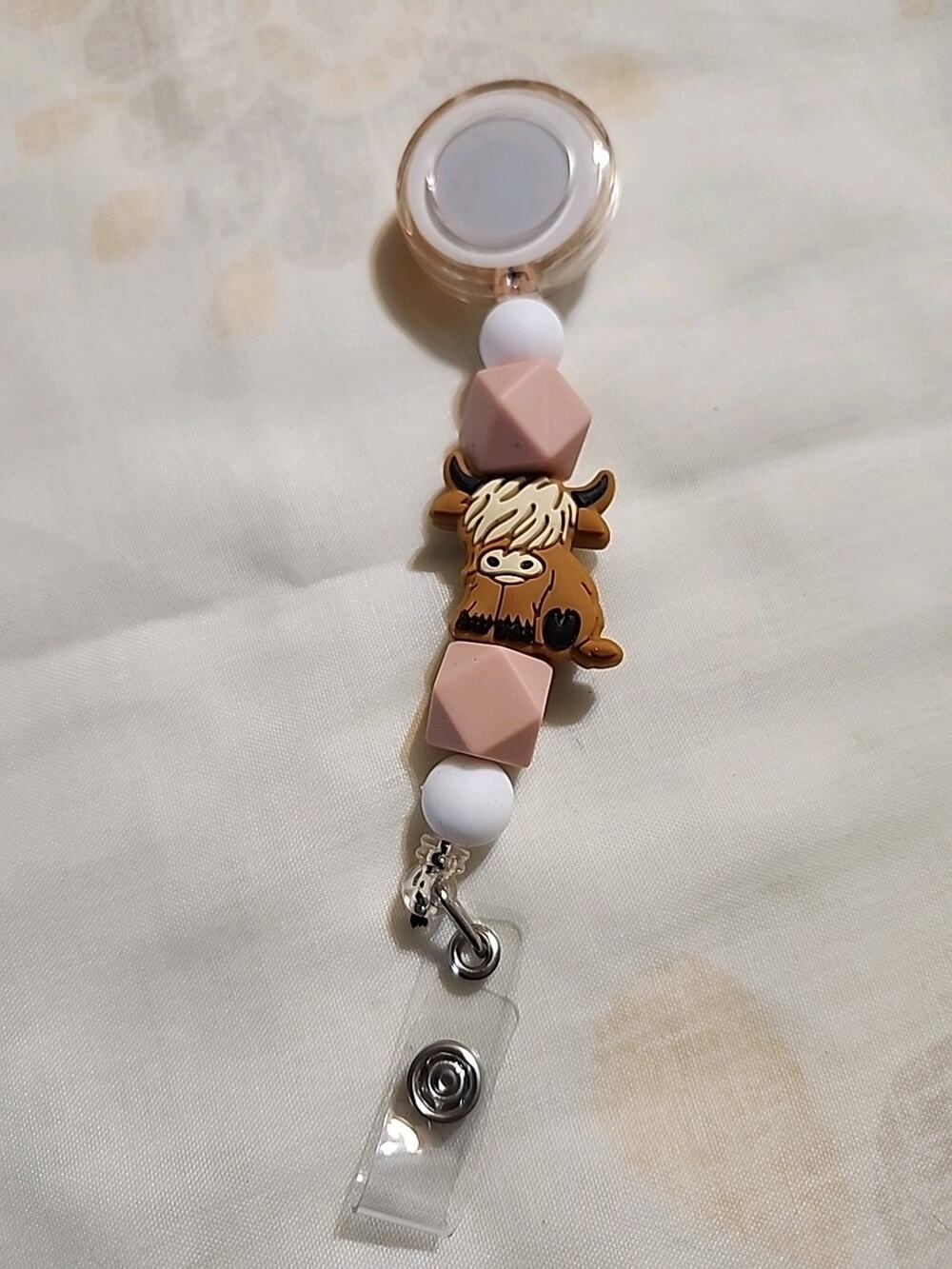 Badge Reels For Nurse ID Highland Cow Silicone Bead Brown Pink White Handmade